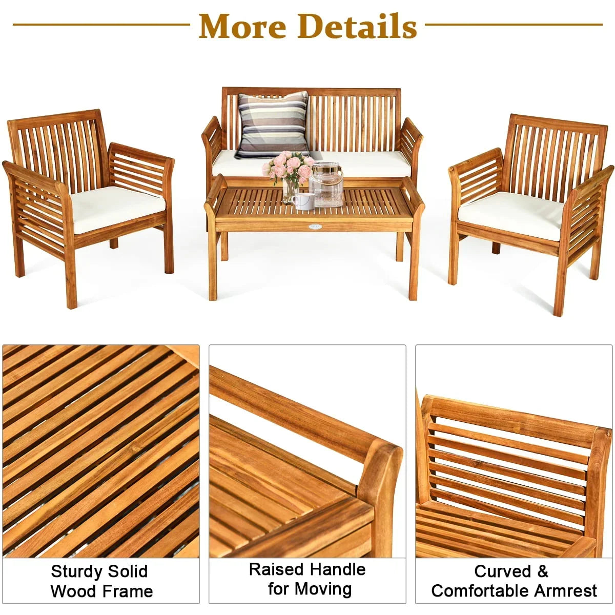 2026 NewCostway 4 PCS Outdoor Acacia Wood Sofa Furniture Set Cushioned Chair Coffee Table Garden