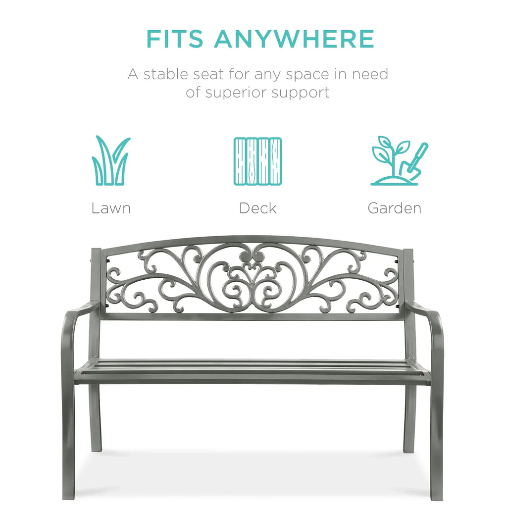 2026 NewBest Choice Products Outdoor Steel Bench Garden Patio Porch Furniture w/ Floral Design Backrest - Black