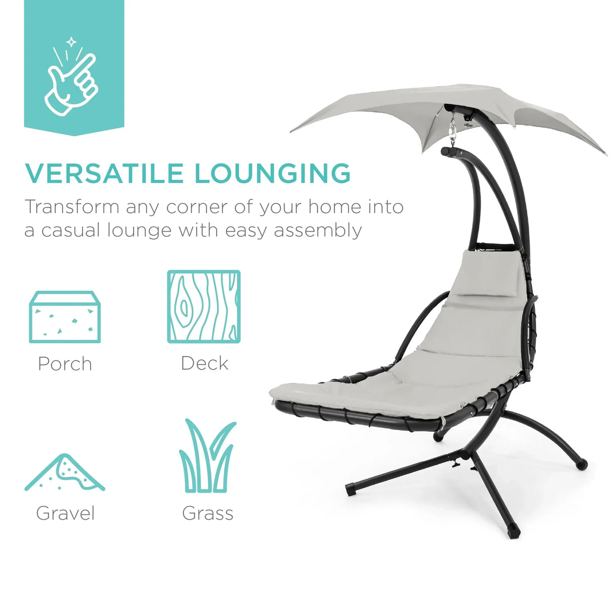 2026 NewBest Choice Products Hanging Curved Chaise Lounge Chair Swing for Backyard, Patio w/ Pillow, Shade, Stand - Teal
