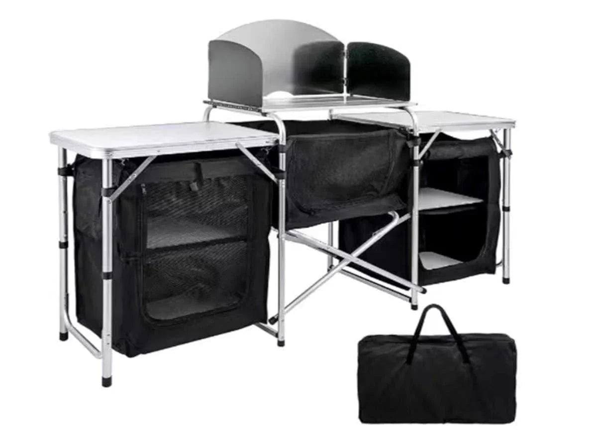2026 NewInch Aluminum Portable Fold-Up Camping Kitchen with Windscreen and 5 Enclosed Cupboards, Cook Station, for BBQ, Camping, Picnic, Backyard