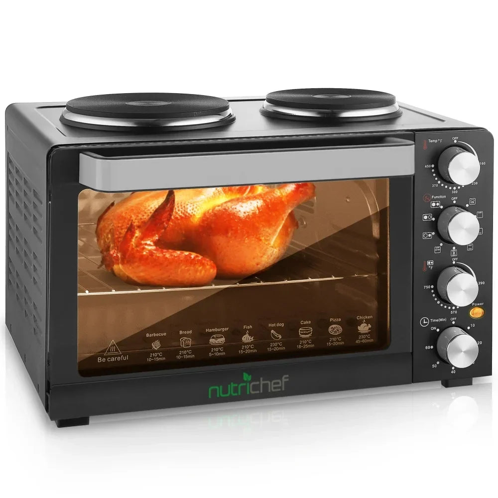 2026 NewNutriChef 30 Quart Kitchen Convection Oven & 2 Burner Cooker - 1500 Watt Oven - 7 Cook Functions Rotisserie, Cook, Bake, Broil & More - Includes Baking Tray, Skewers & Handles - 19.6 x 16.0 x 13.5 IN