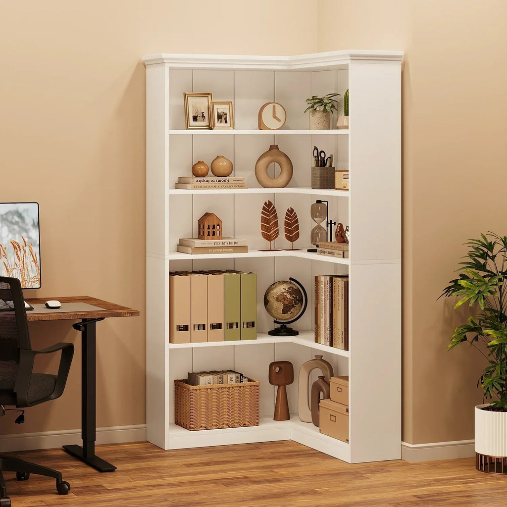 2026 NewEuKer 5 Tier Corner Bookcase, L-Shaped Bookshelf with Large Storage Capacity for Living Room, Bedroom, Office (Half Panel, Retro Brown)
