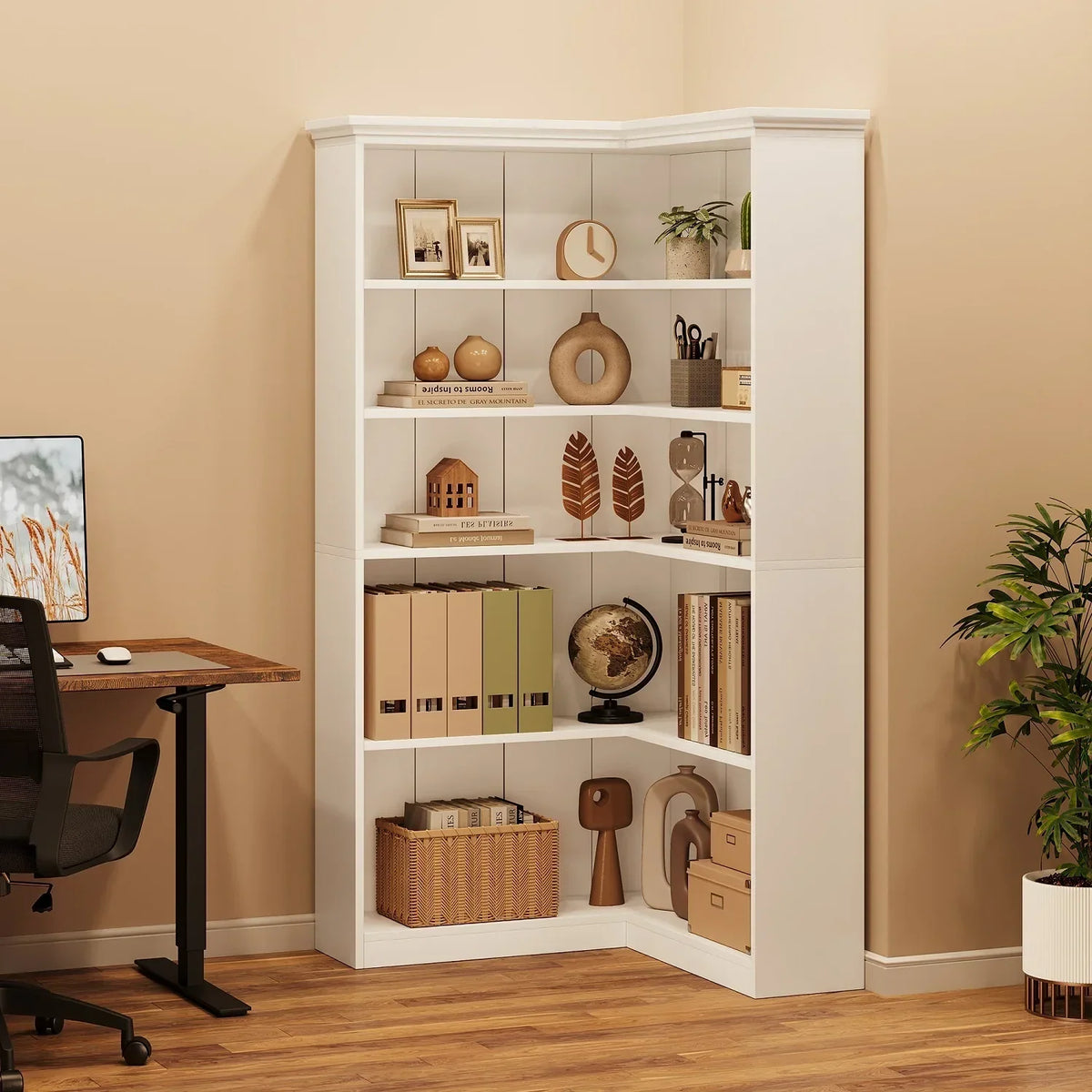 2026 NewEuKer 5 Tier Corner Bookcase, L-Shaped Bookshelf with Large Storage Capacity for Living Room, Bedroom, Office (Half Panel, Retro Brown)
