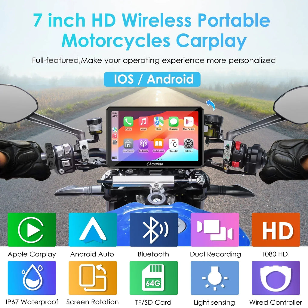 2026 NewCarpuride Motorcycle HD Dual 1080P Dash Cam, Wireless Apple CarPlay & Android Auto Wire Control, Horizontal Vertical Rotation 7" Touch Screen (712D)