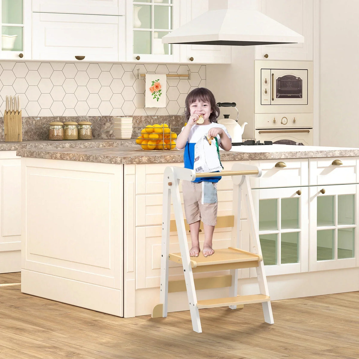 2026 NewJOZ Kitchen Toddlers Step Stool, Montessori Kids Learning Stool, Foldable Toddler Tower for Counter, Standing Helper for Children, 3 Adjustable Heights, Wooden, White