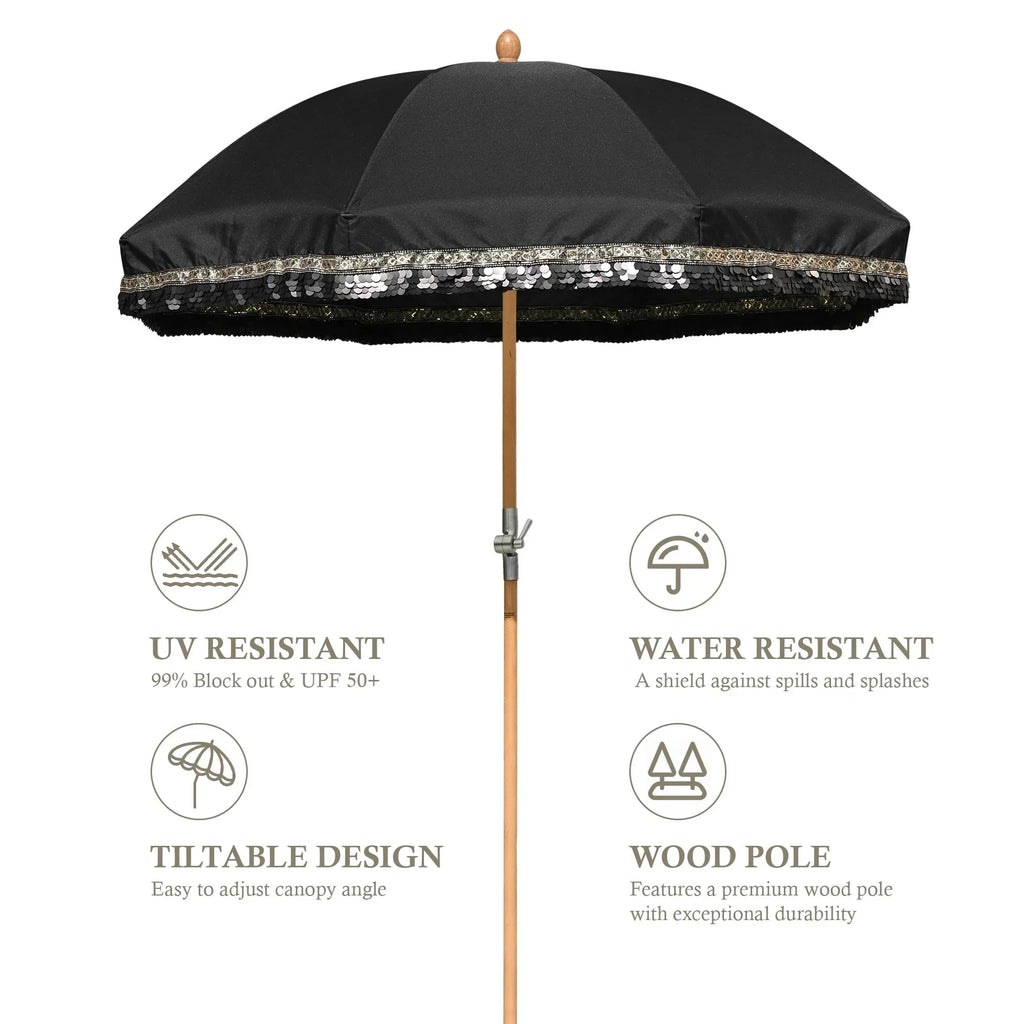 2026 NewLAGarden 6 Ft Fringe Patio Umbrella with Tassel Jazz Age Wood UPF50+ for Outdoor, Beige with gold tassel,Model: JZ6-01