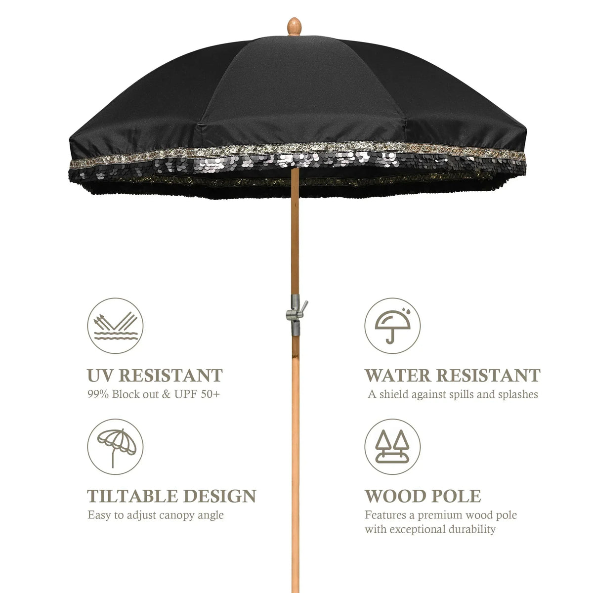 2026 NewLAGarden 6 Ft Fringe Patio Umbrella with Tassel Jazz Age Wood UPF50+ for Outdoor, Beige with gold tassel,Model: JZ6-01