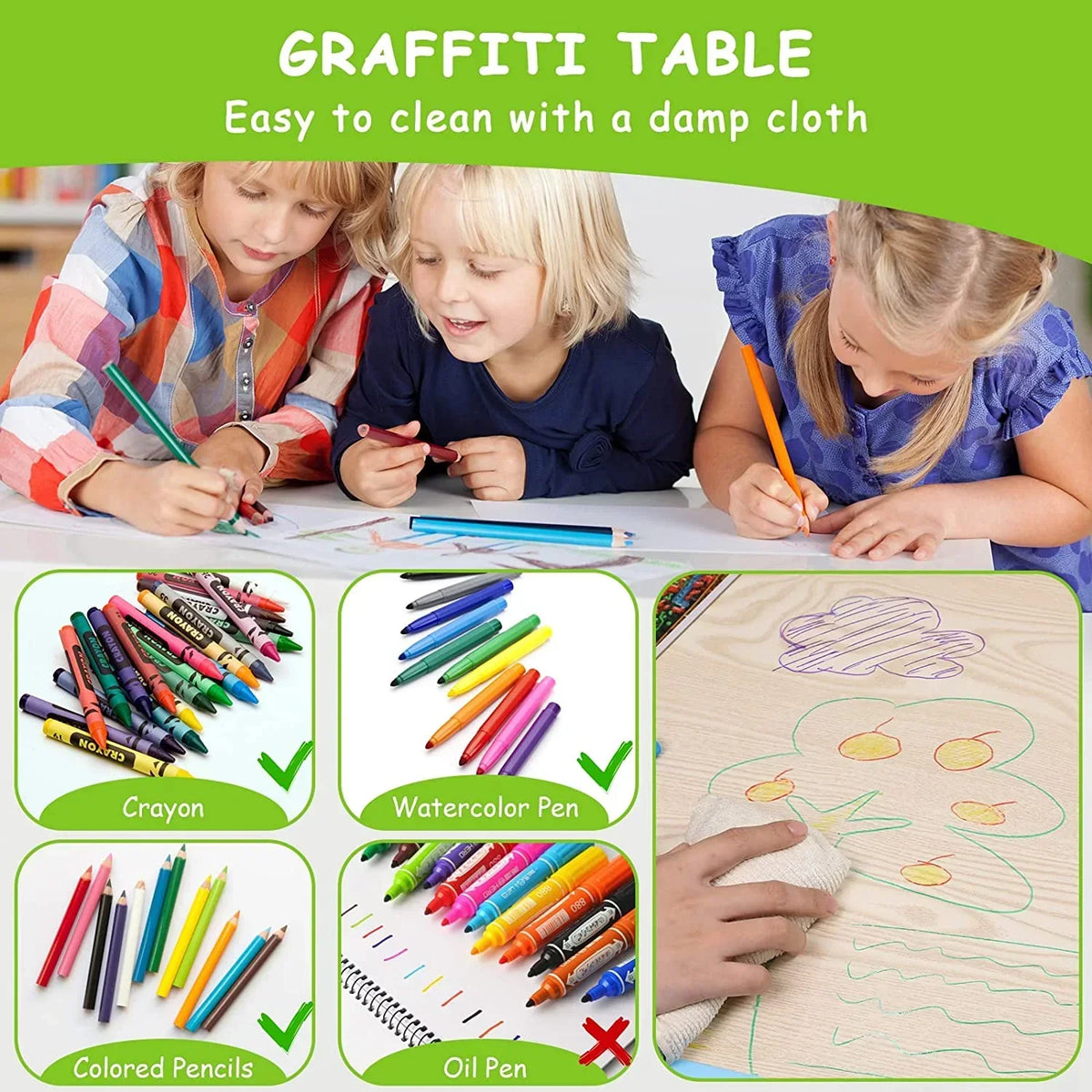 2026 NewLAZY BUDDY Kids Table and 4 Chairs Set, Height Adjustable Toddler Desk with Graffiti Desktop, Kids Activity Table Set for Daycare, Home