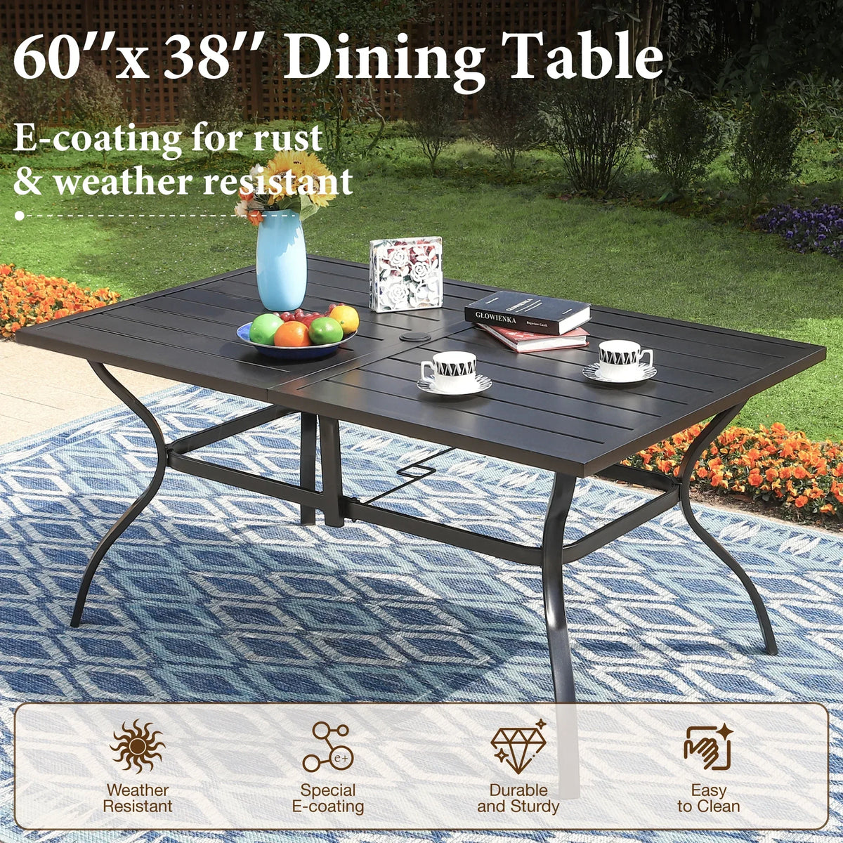 2026 NewMF Studio 6-Person Outdoor Rectangular Metal Dining Table with Umbrella Hole, All-Weather Resistance Patio Table, Black