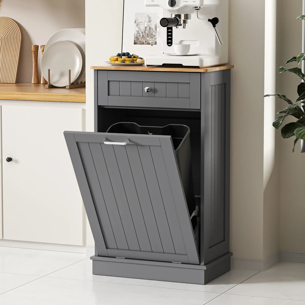 2026 NewHARIPUL Single Tilt Out Trash Cabinet for 13 Gallon Waste Bin, Free Standing Kitchen Trash Can Cabinet with Drawers, White