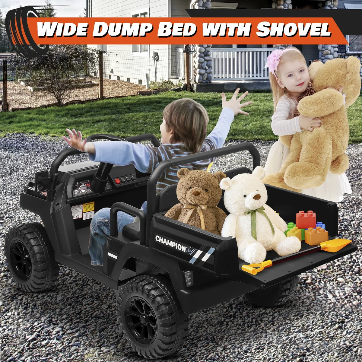 2026 NewJoyracer 4WD 24 Volt Ride on Toys UTV with 2 Seater & Remote Control, Kids Electric Golf Cart w/ 4x200W Power Motors, Tiltable Trailer & Shovel, 4 Wheels Spring Suspension, Bluetooth USB Music, Black