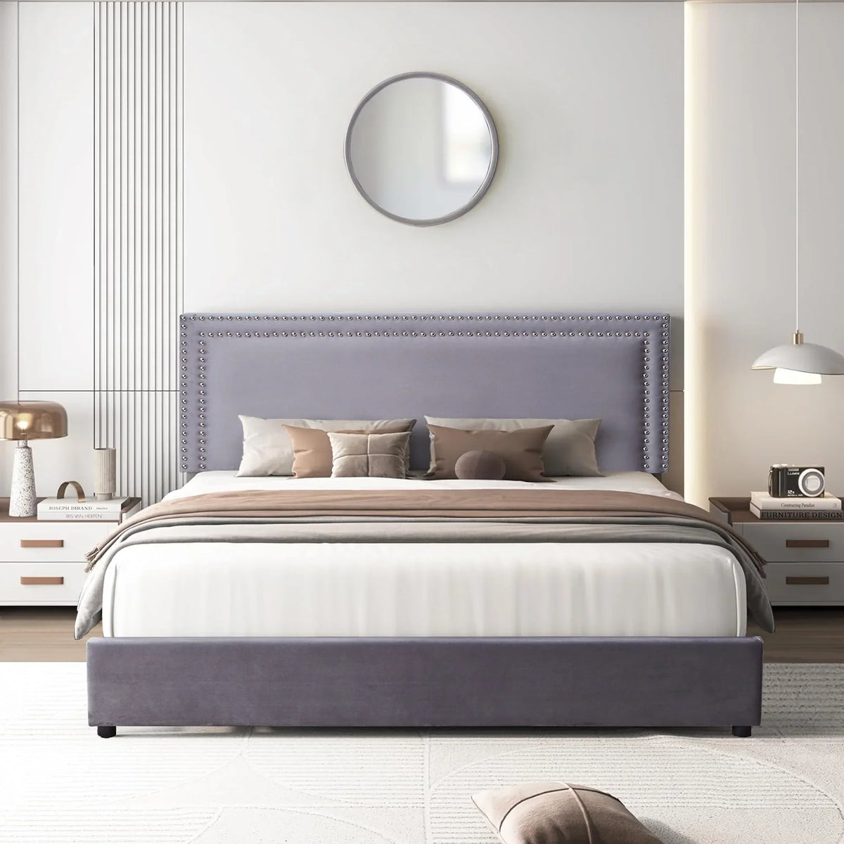2026 NewVECELO Full Bed Frame with 4 Storage Drawers (Wheeled) and Tufted Upholstered Adjustable Headboard Platform Bed, Beige