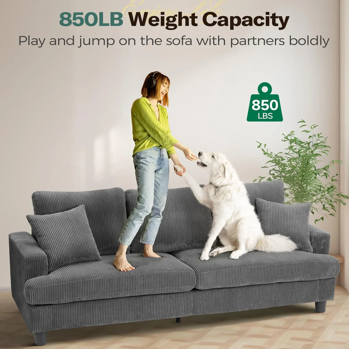 2026 New87" Corduroy Sofa,3 Seater Sofa with Extra Deep Seats,Neche Comfy Upholstered Couch for Living Room,2 Pillows,Green