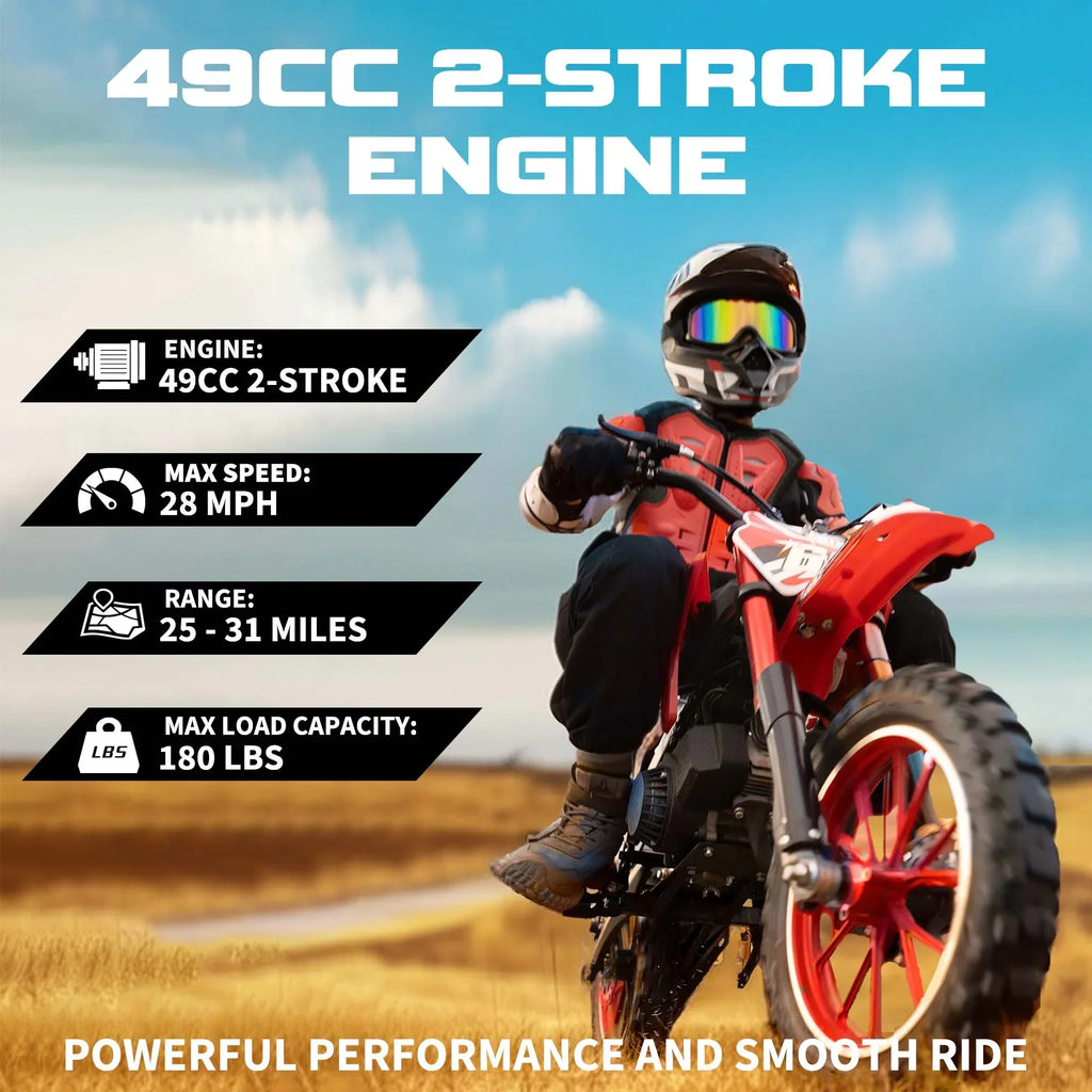 2026 NewMX moto 49CC Kids Dirt Bicycle, 2-Stroke Gas Powered Off Road Motorcycle, Tire Shock Absorber Spring Soft Seat Cushion with Front and Rear Disc Brake, Max Speed 28 MPH