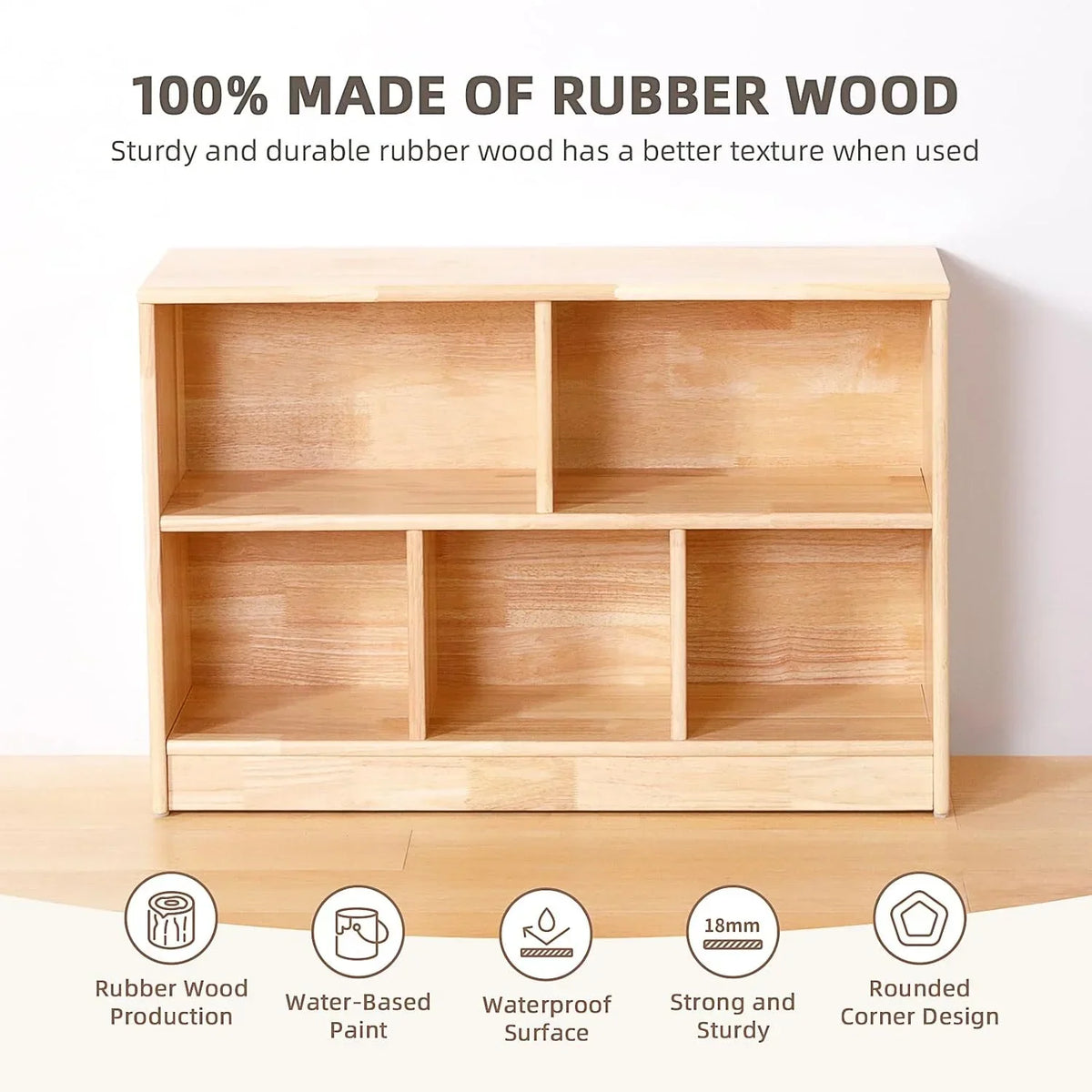 2026 NewRubber Wood 5-Compartment Montessori Shelf, 35.4" L Toddler Bookshelf, 2-Tier Wooden Storage Cabinet, Kids Classroom Organizer, Playroom, Daycare and Preschool Storage Shelves