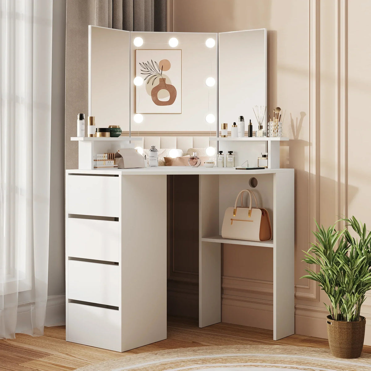 2026 NewVeanerwood White Corner Vanity Desk with Mirror and Light,Makeup Table with 4 Drawers and Charging Station for Bedroom