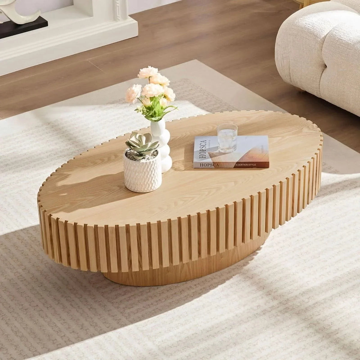 2026 NewFFH 43.7 inch Oval Coffee Table for Living Room,Handcraft Rustic Corner Coffee Table Nature Wood Relief Sturdy Pedestal for Apartmen,Side Table Centre Table,Nature Wood