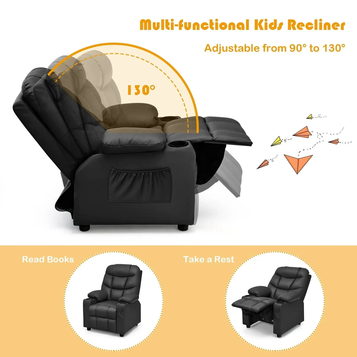 2026 NewInfans Kids Youth Recliner Chair PU Leather w/Cup Holders & Side Pockets Black
