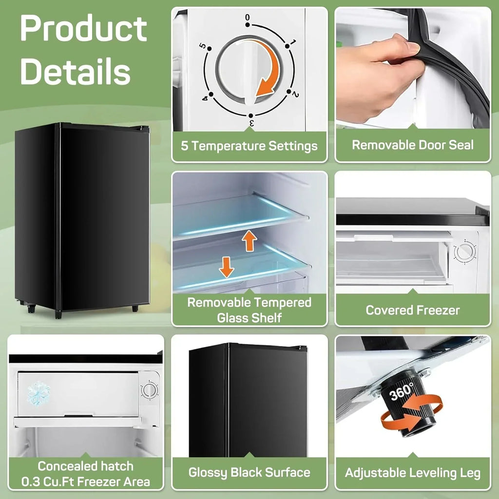 2026 NewMini Fridge for Bedroom 3.2 Cu.Ft Small Refrigerator with Freezer for Dorm Office, Compact Single Door Adjustable Thermostat Low Noise,Black