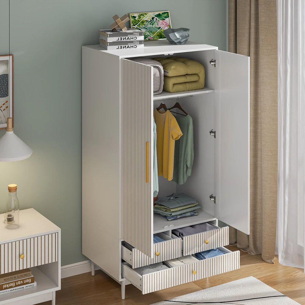2026 NewArmoire Wardrobe Closet with 2 Doors, Wardrobe Cabinet with Hanging Rod and Drawers, Wooden Closet for Bedroom, White