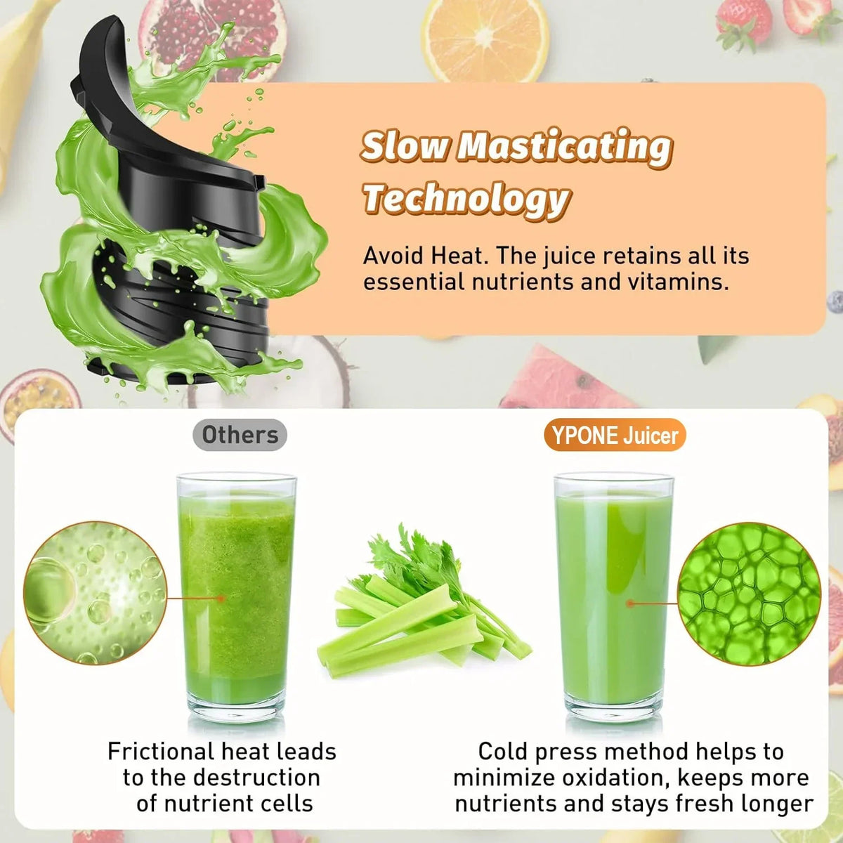 2026 NewYPONE Cold Press Juicer, Masticating Juicer with 5.4" Wide Feed Chute, 350w Slow Juicer Machines Fit Whole Vegetables and Fruits,Juice Extractor Machine with High Juice Yield, Easy to Clean(Black)