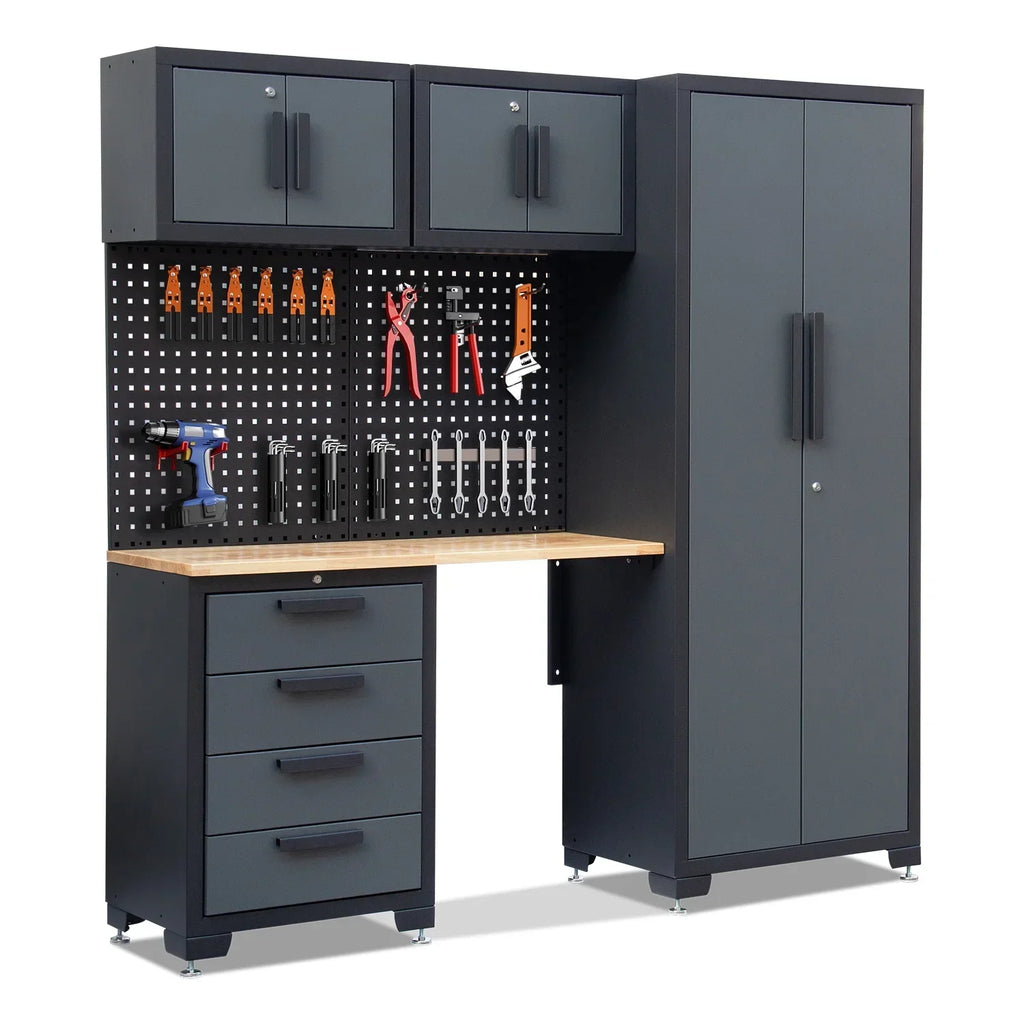 2026 NewHPDMC Garage Storage Cabinet System 7-Pcs Workshop Set Metal Garage Cabinets System with Steel Cabinet Drawers, Workbench, Pegboard for Garage Tool Organization