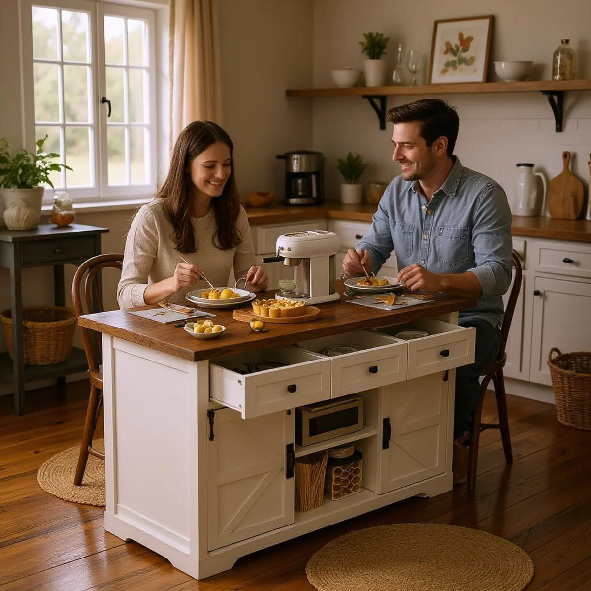 2026 NewHomy Casa Farmhouse 53.7" Kitchen Island with Storage Cabinet, Sliding Barn Doors, and Wheels, White Oak