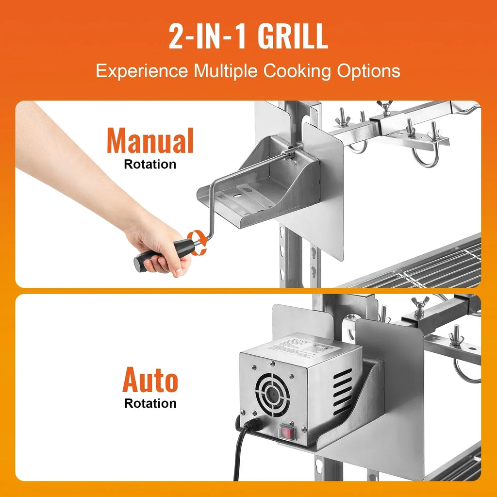 2026 NewVEVOR Rotisserie Grill with Windscreen, BBQ Whole Pig Lamb Goat Charcoal Spit Grill, 46 Inch 132 Lbs Capacity, Electric 52W Motor Stainless Steel Roaster with Lockable Wheels, for Camping Outdoor