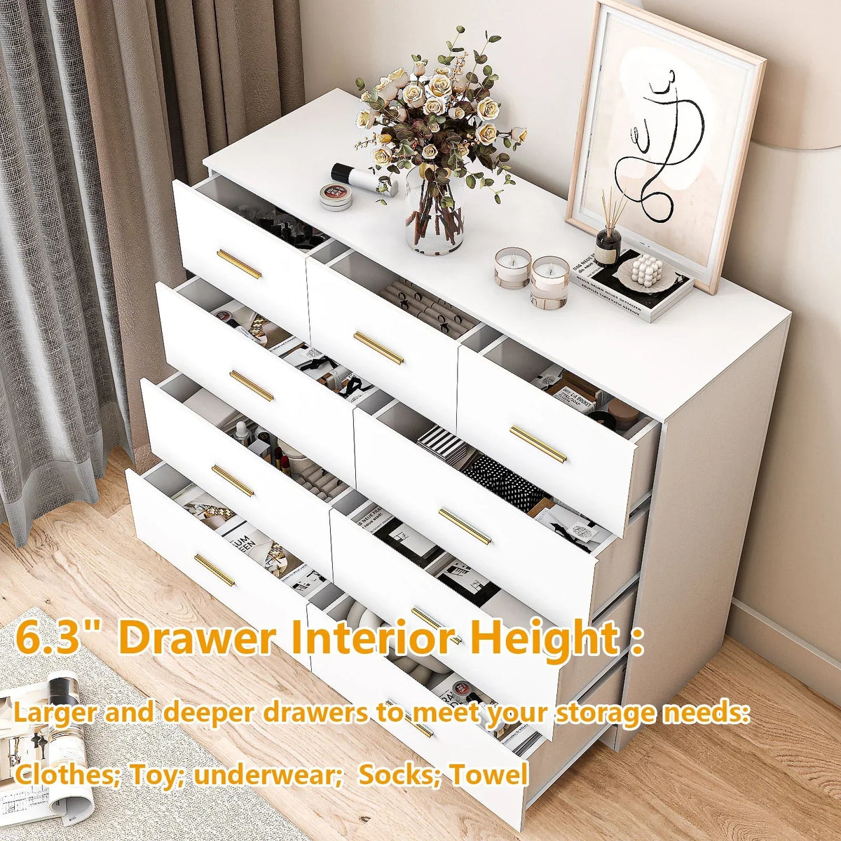 2026 NewKtaxon 6 Drawer Double Dresser Wood Dresser Storage Cabinet Drawer Organizer Chest Of Drawers, White