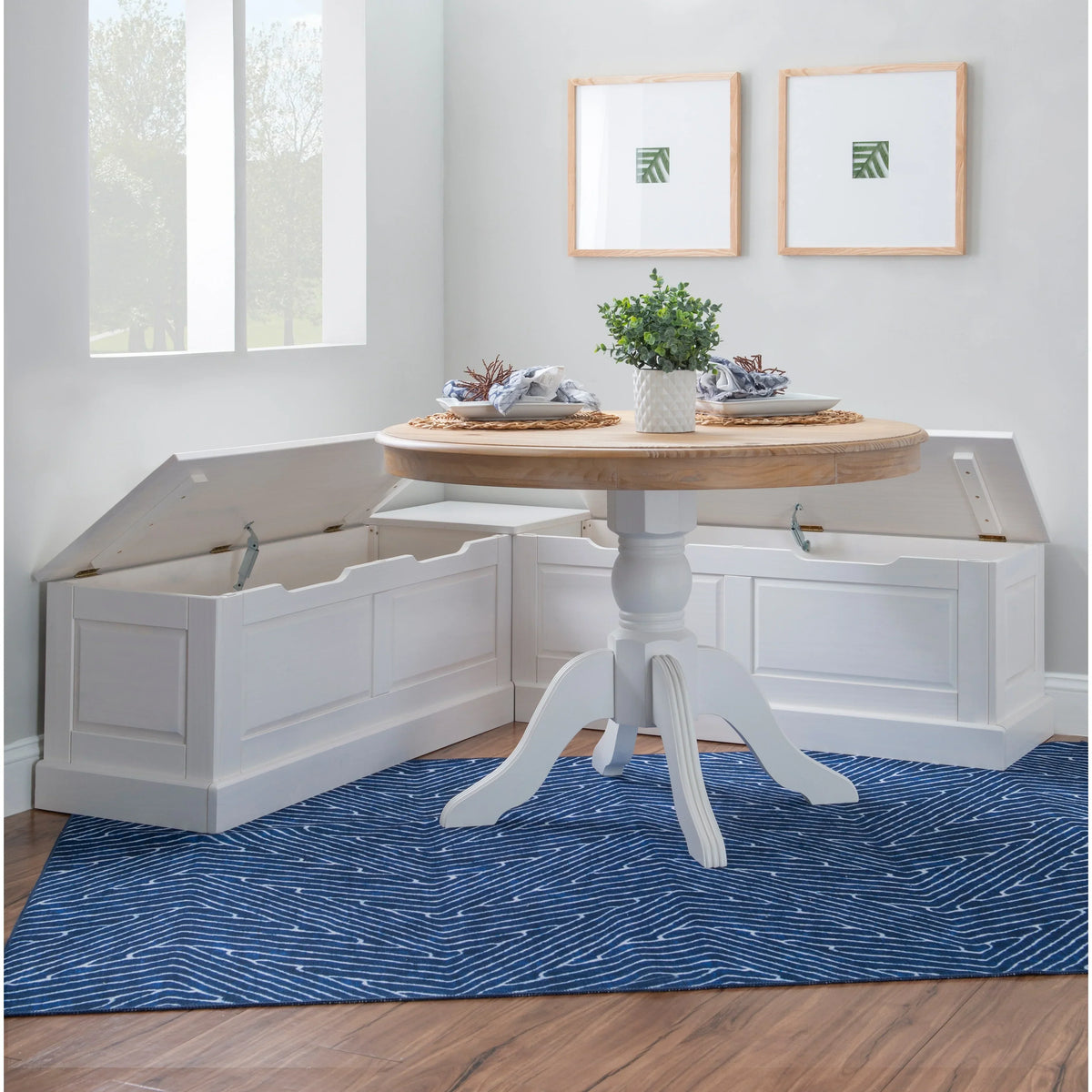 2026 NewLinon Nook Bench Collection L-Shaped Wood Farmhouse Breakfast Bench with Hidden Storage, White