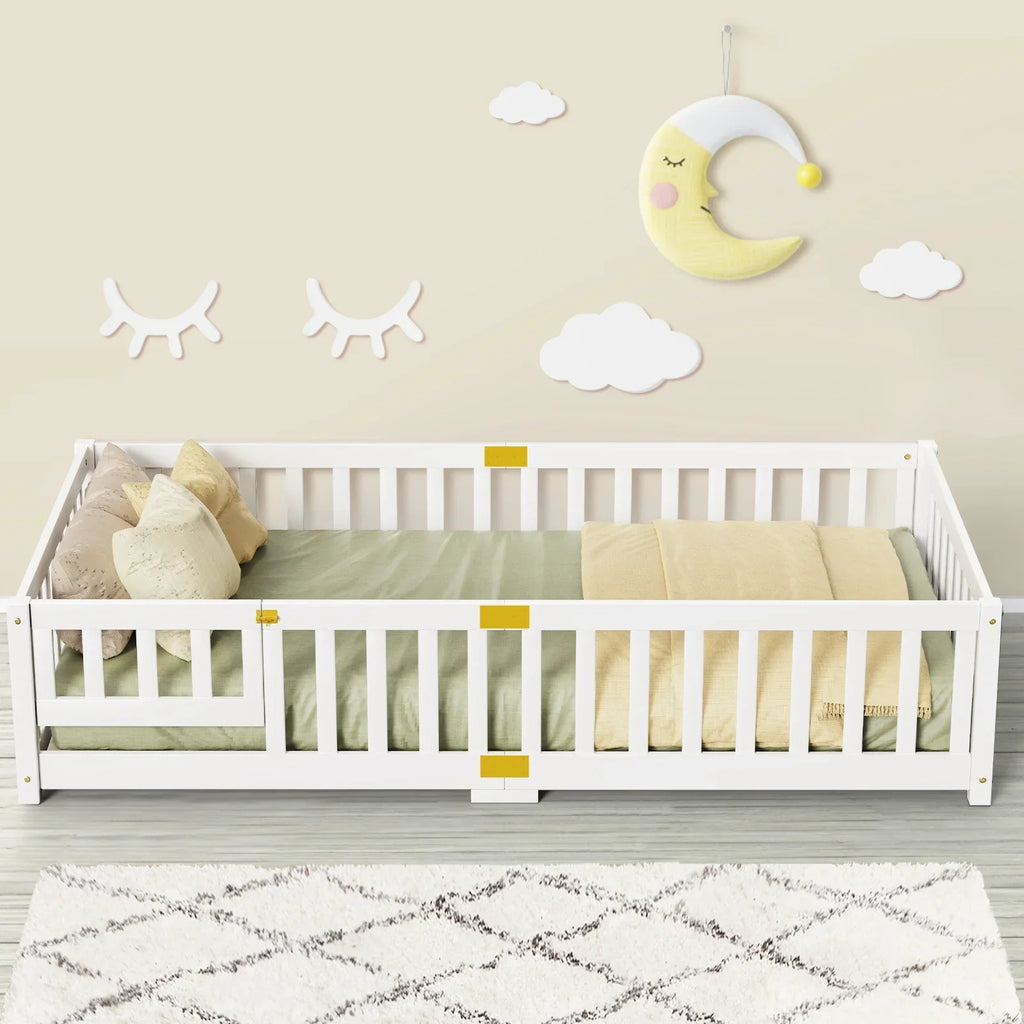 2026 NewSlsy Twin Size Toddler Floor Bed, Solid Wood Montessori Bed Frame with Fence & Door Montessori Floor Bed Crib with Safety Guardrails for Girls and Boys
