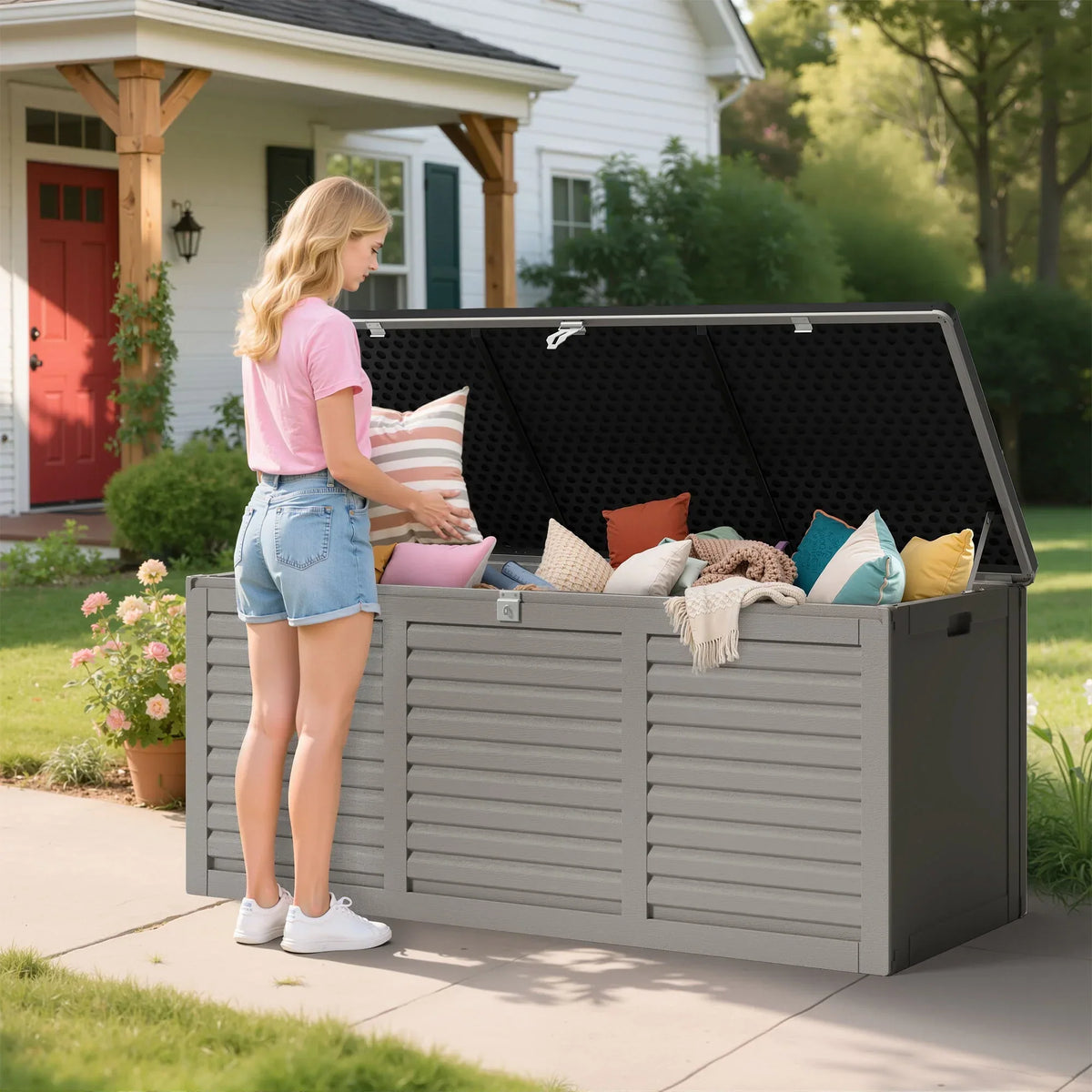 2026 NewOutdoor Storage Box, 130GAL Waterproof Deck Box, Lockable Pool Patio Storage Indoor Toy Box, Outdoor Storage Bench for Porch, Max Load Weight 500LBS