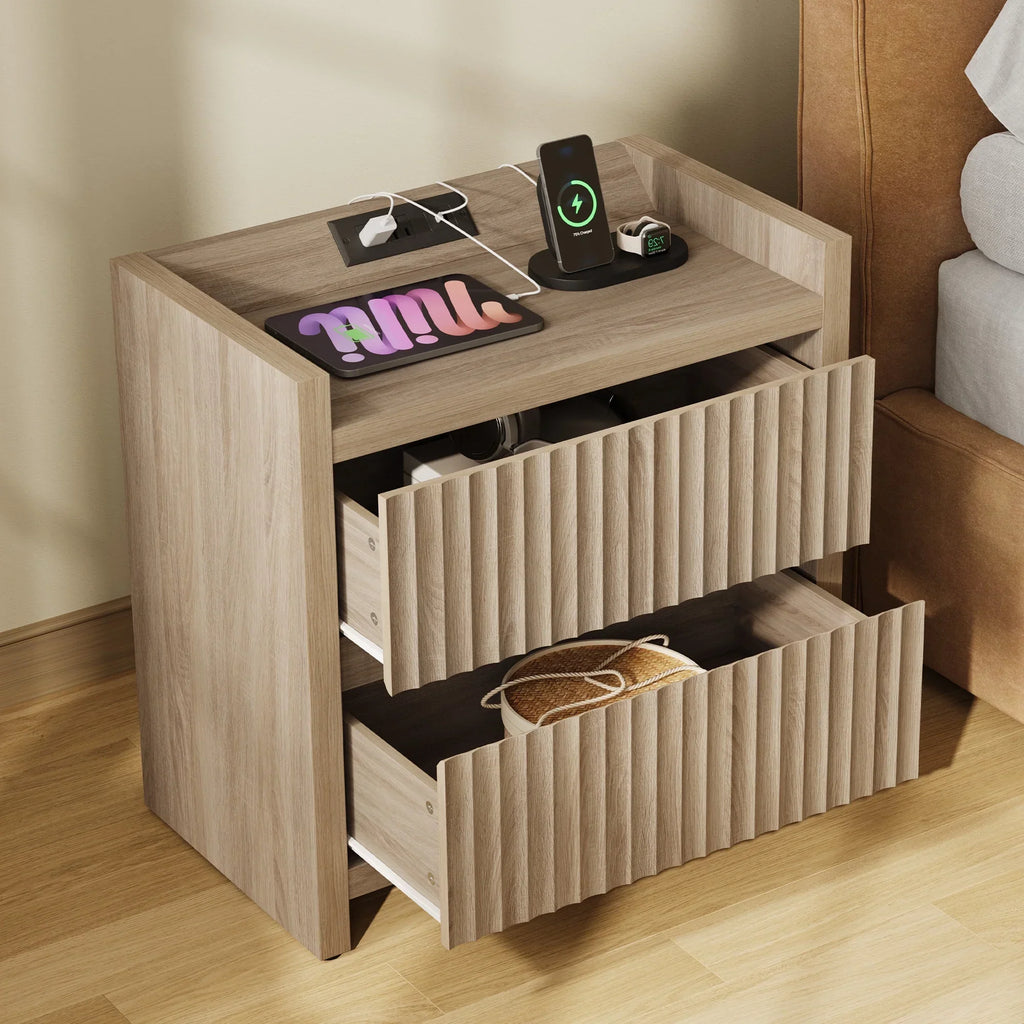 2026 NewSICOTAS 25.4" Wide Nightstand Set of 2 with Charging Station, Modern Night Stand with 2 Fluted Dresser & Handle-Less Storage Farmhouse Bed Side Table for Bedroom, Natural Oak