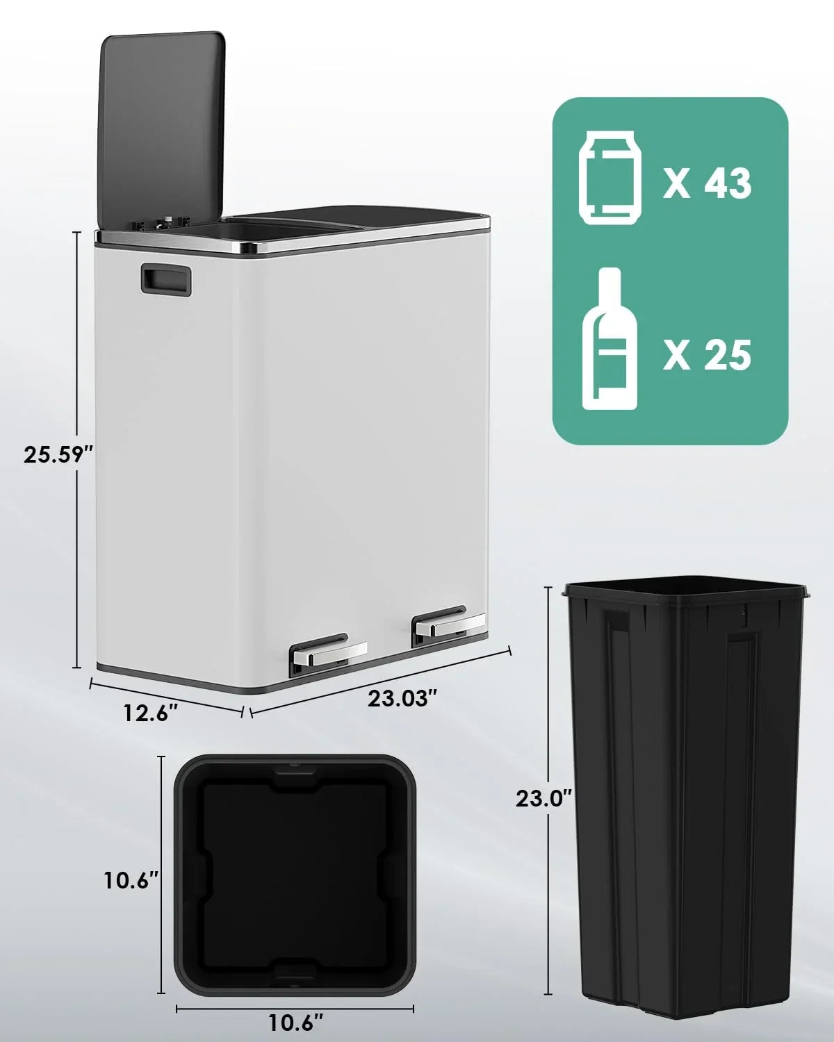 2026 NewLAZY BUDDY Dual Garbage Can, Stainless Steel 16 Gallon Step Kitchen Trash Can with Soft-Close Lid, Double Compartment Garbage Recycling Bin