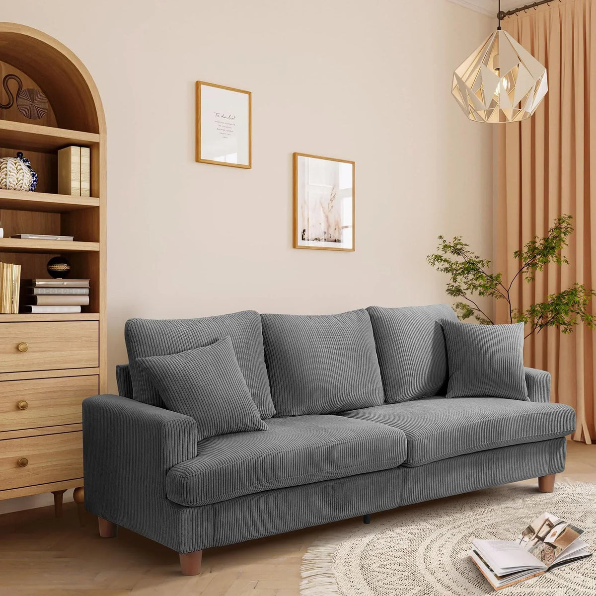 2026 New87" Corduroy Sofa,3 Seater Sofa with Extra Deep Seats,Neche Comfy Upholstered Couch for Living Room,2 Pillows,Green