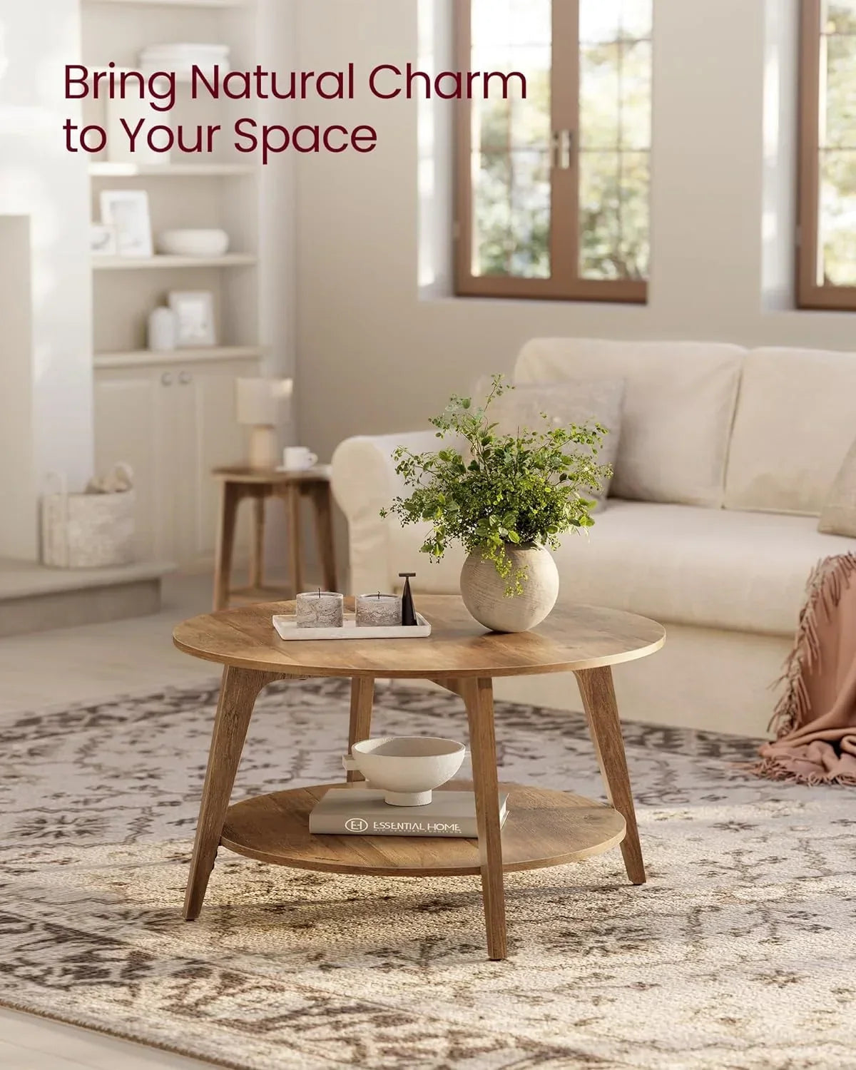 2026 NewVASAGLE Round Coffee Table, 2 Tier Coffee Table with Storage, for Living Room, 31.5 x 17.7 Inches, Easy to Assemble, Honey Brown