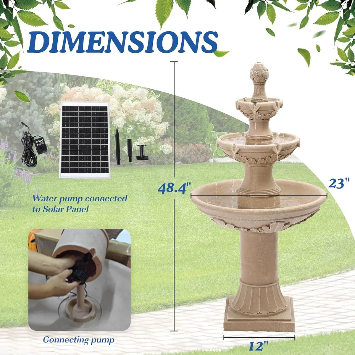 2026 NewMagic Union Italian Solar Water Fountains Outdoor Garden Decor - 48.4''H Fountain and Waterfall, Large Cascading Indoor Floor-Standing Resin Bubbler Fountain Features W/Pump for Patio, Backyard