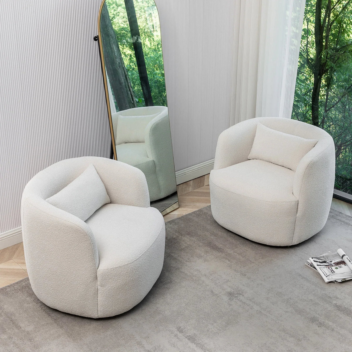 2026 New34" Wide Boucle Swivel Barrel Chair, No Assembly Round Upholstered Armchair Accent Chair Single Sofa Chair with Toss Pillow for Living Room and Bedroom, Taupe