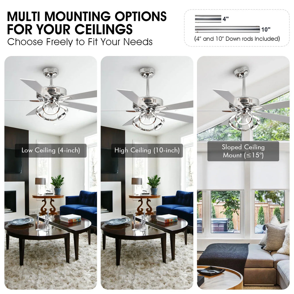 2026 NewParrot Uncle 52-Inch Contemporary Chrome Ceiling Fan with Integrated LED Lights and Remote Control