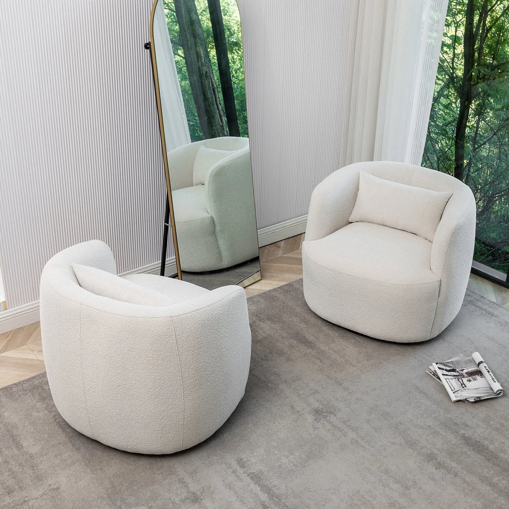2026 New34" Wide Boucle Swivel Barrel Chair, No Assembly Round Upholstered Armchair Accent Chair Single Sofa Chair with Toss Pillow for Living Room and Bedroom, Taupe