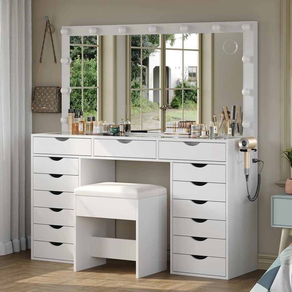 2026 NewYanosaku 15 Drawers Vanity Desk with Power Outlet, Makeup Table with Mirror and 13 LED Lights, 3 Color Lighting Modes, Brightness Adjustable, Glass Top Dressing Table, Vanity Set for Bedroom
