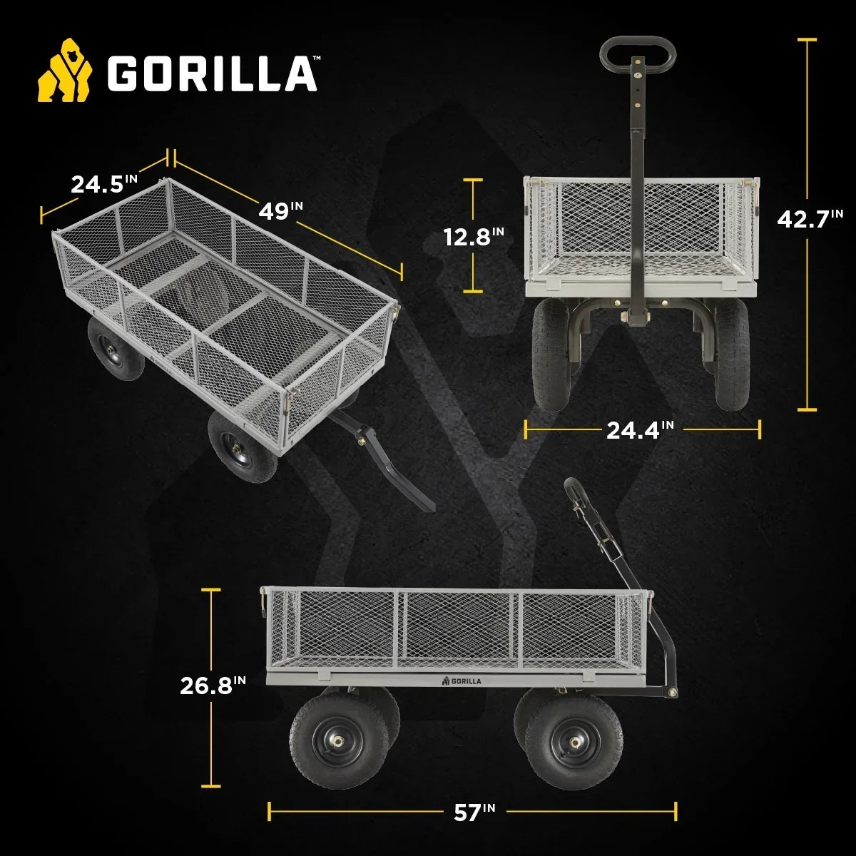 2026 NewGorilla Carts 1000-lb. Capacity Steel Utility Cart, Model #GOR1001-Com, 13-inch Pneumatic Tires