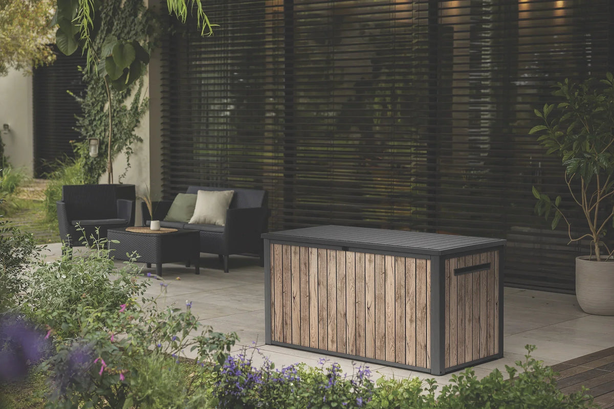 2026 NewKeter Signature 170 Gallon Durable Resin Outdoor Deck Box Storage Organization, Pine