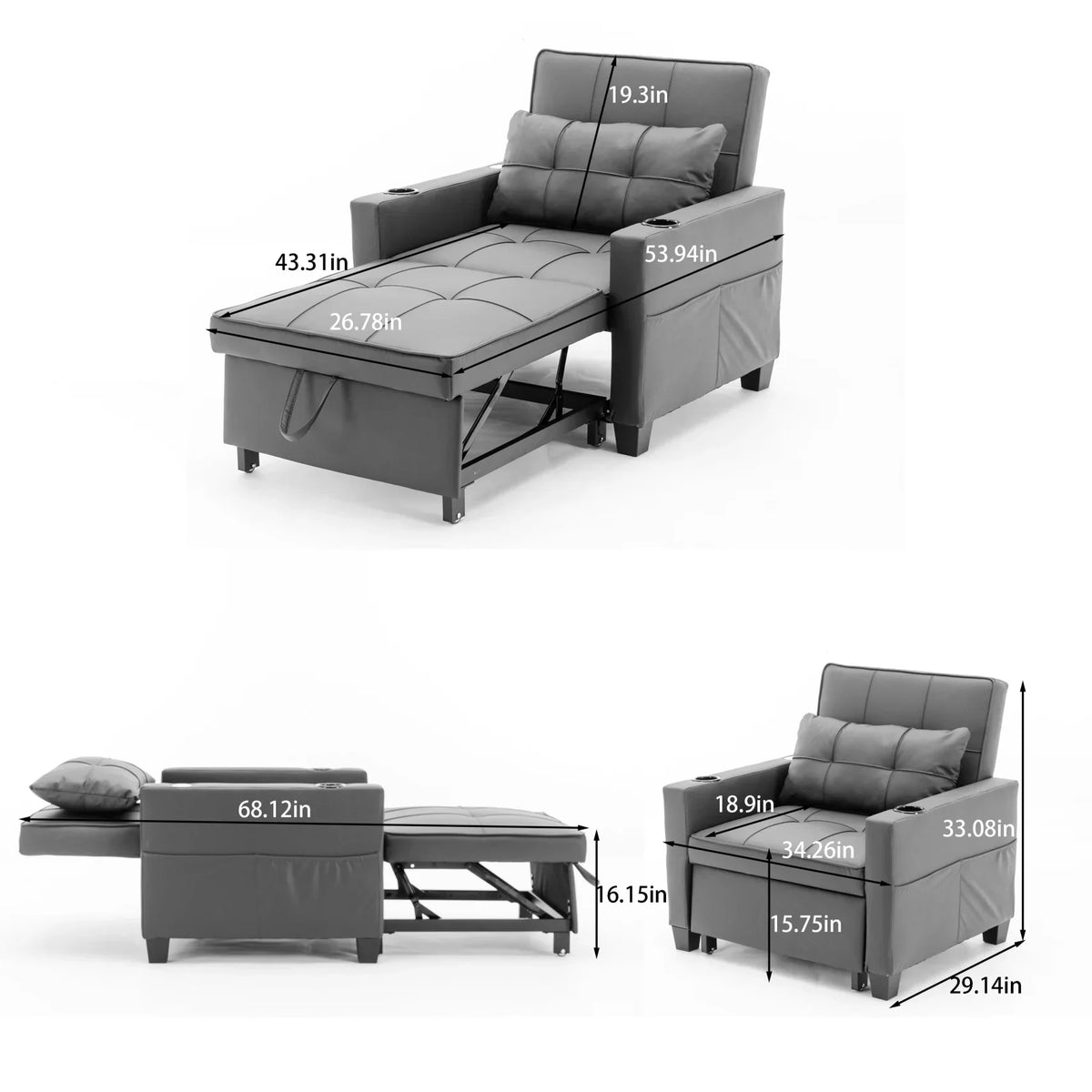 2026 NewConvertible Futon Sofa Bed, 3-in-1 Multi-Functional Sleeper Chair Bed with USB Ports, Adjustable Backrest Recliner,for Living Room Bedroom Small Space, Tech Cloth, Dark Grey