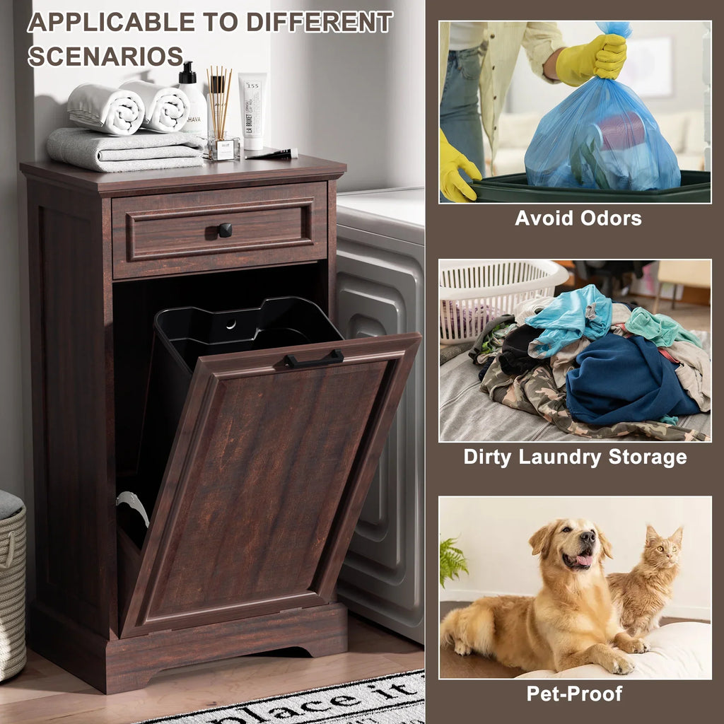 2026 NewHARIPUL Single Tilt Out Trash Cabinet for 13 Gallon Waste Bin, Free Standing Kitchen Trash Can Cabinet with Drawers, White