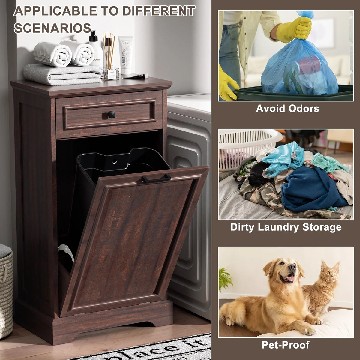 2026 NewHARIPUL Single Tilt Out Trash Cabinet for 13 Gallon Waste Bin, Free Standing Kitchen Trash Can Cabinet with Drawers, White