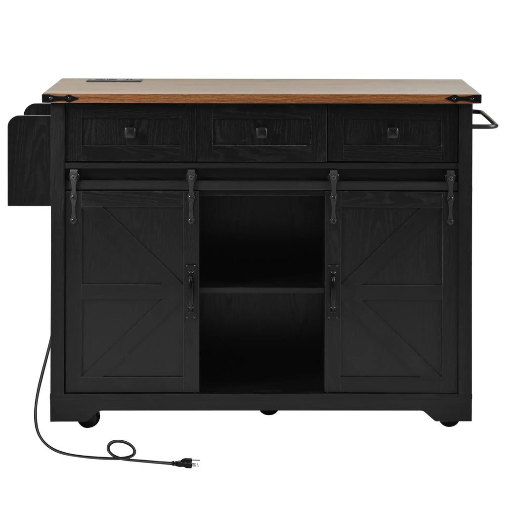 2026 NewHomy Casa Farmhouse 53.7" Kitchen Island with Storage Cabinet, Sliding Barn Doors, and Wheels, White Oak