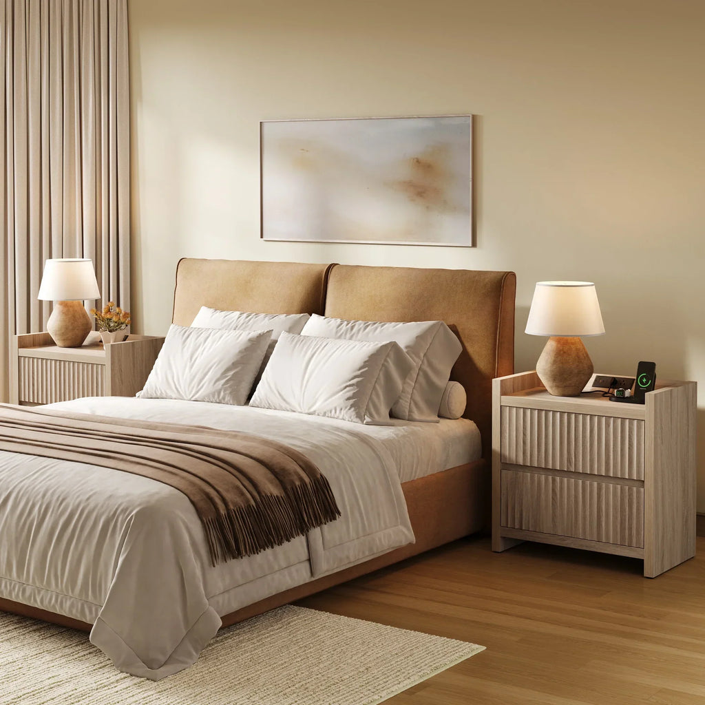 2026 NewSICOTAS 25.4" Wide Nightstand Set of 2 with Charging Station, Modern Night Stand with 2 Fluted Dresser & Handle-Less Storage Farmhouse Bed Side Table for Bedroom, Natural Oak