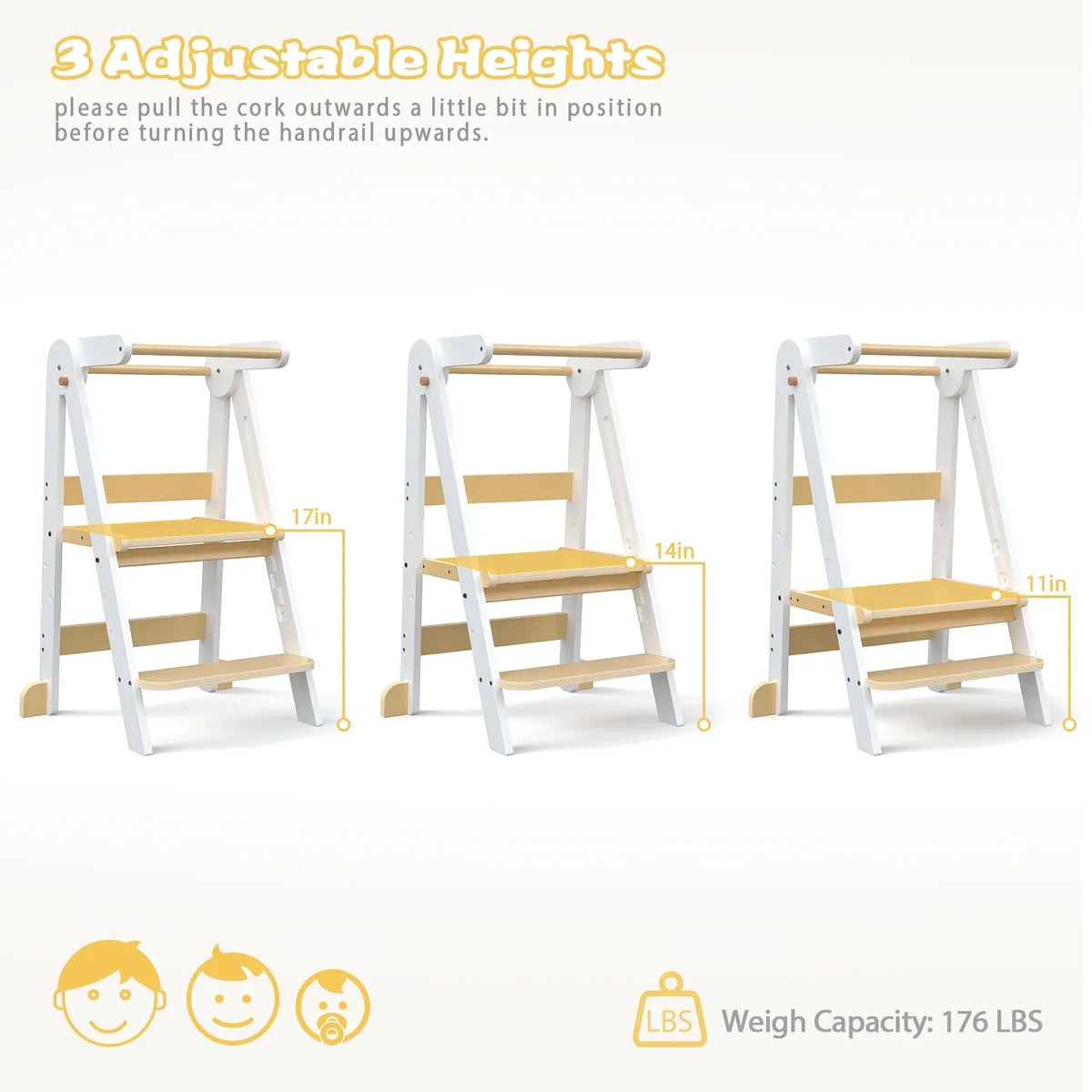 2026 NewJOZ Kitchen Toddlers Step Stool, Montessori Kids Learning Stool, Foldable Toddler Tower for Counter, Standing Helper for Children, 3 Adjustable Heights, Wooden, White