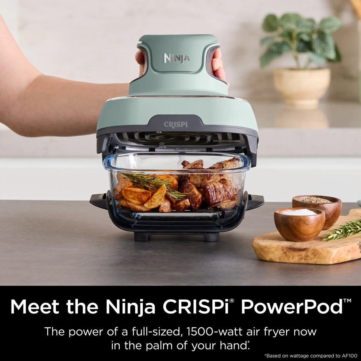 2026 NewNinja Crispi 4-in-1 Portable Glass Air Fryer Cooking System, 4-Qt & 6-Cup Containers, Cyberspace